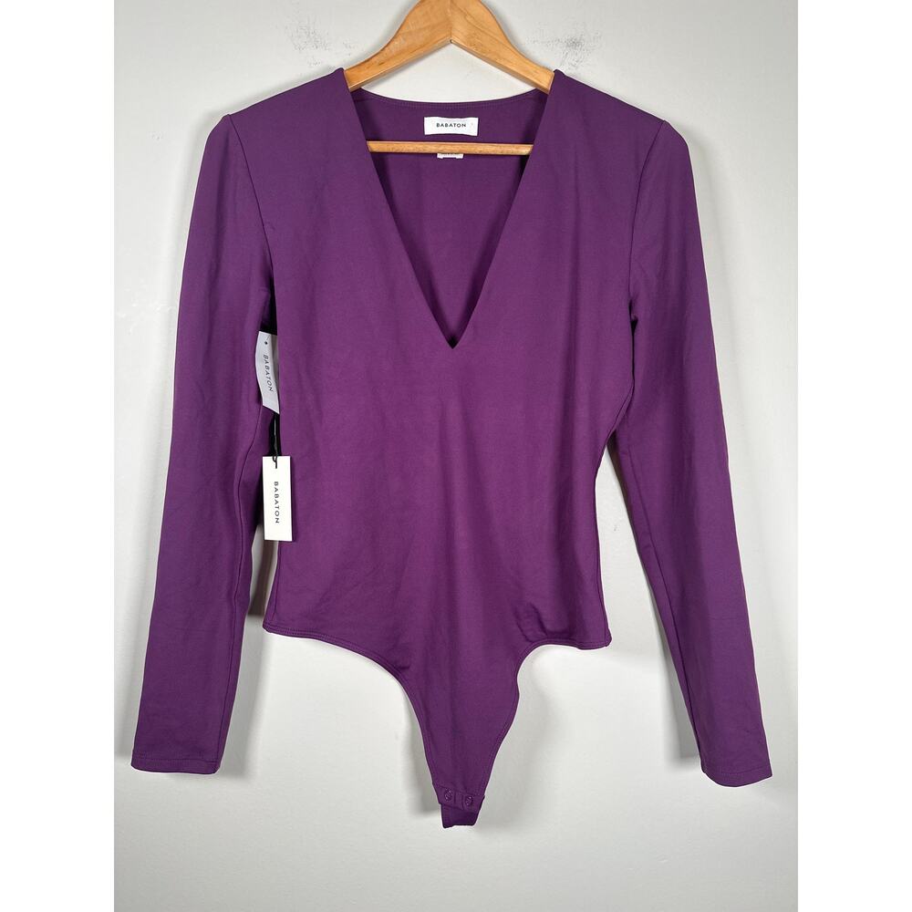Aritzia Babaton NEW Contour Dewberry Purple Mauve Bodysuit V‎ Neck Long Sleeve L
